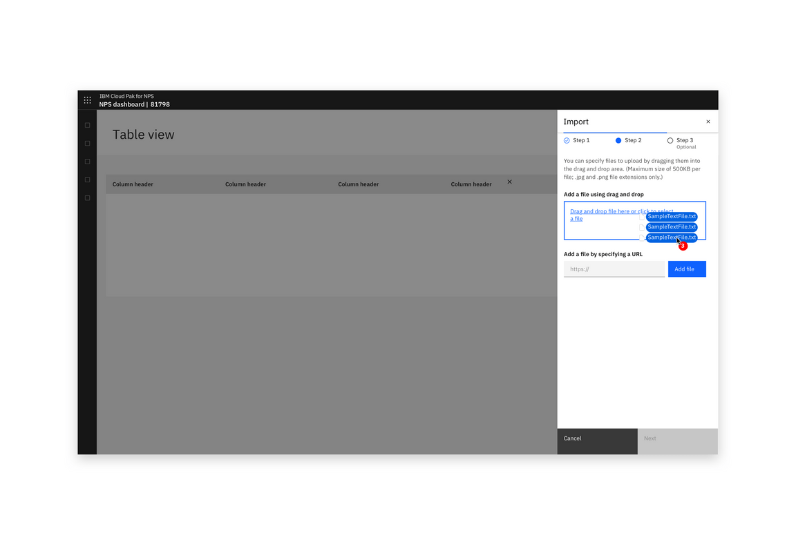 Example of drag and drop file import in a full page view